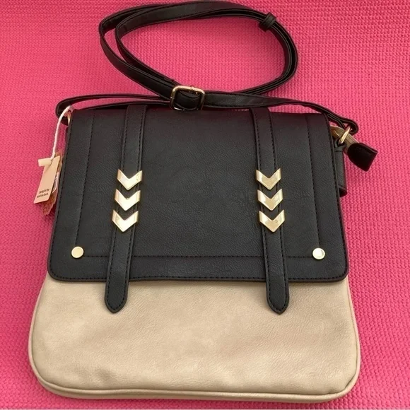 Double Compartment Med .Flapover Crossbody Bag Black / Beige - Picture 8 of 8